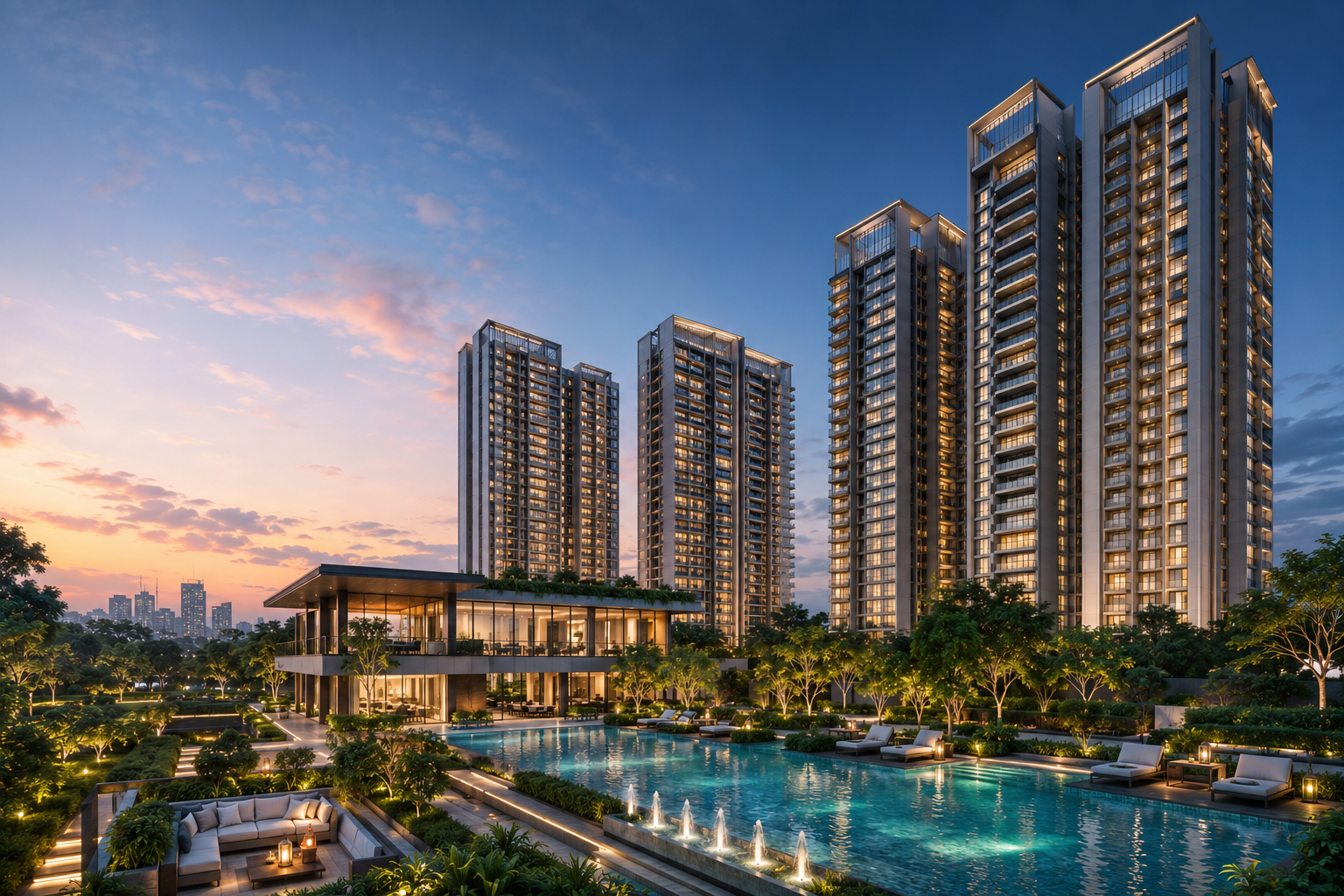 Northwind Yamuna clubhouse, pool, and towers artistic impression